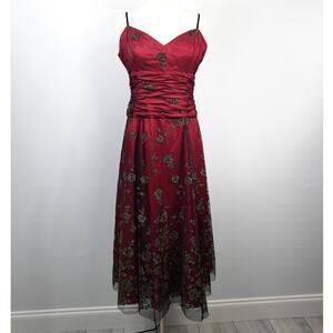 Vintage Papell Boutique Red Black Velvet Floral Midi Dress Dark Romantic Fairy